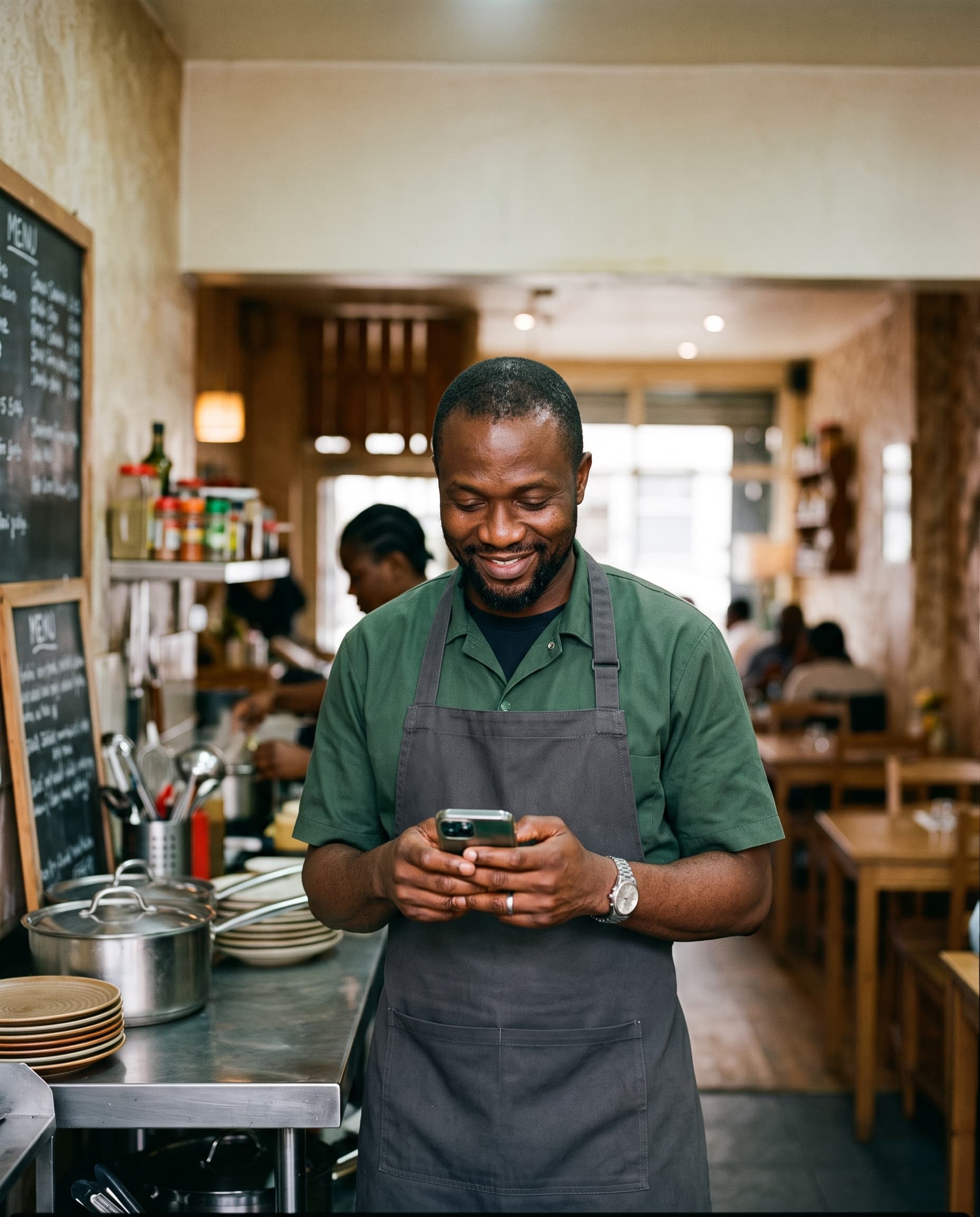 Restaurant owner smiling at a booking confirmation on his phone